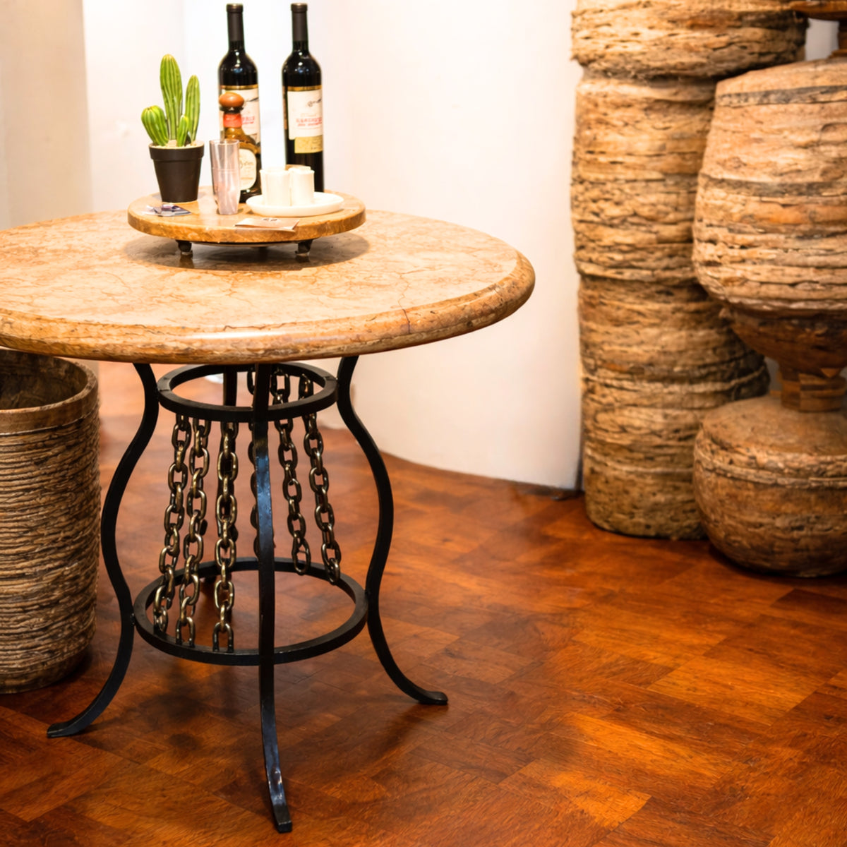 Round Travertine Bar Table with Hanging Chain Iron Base – 1213E