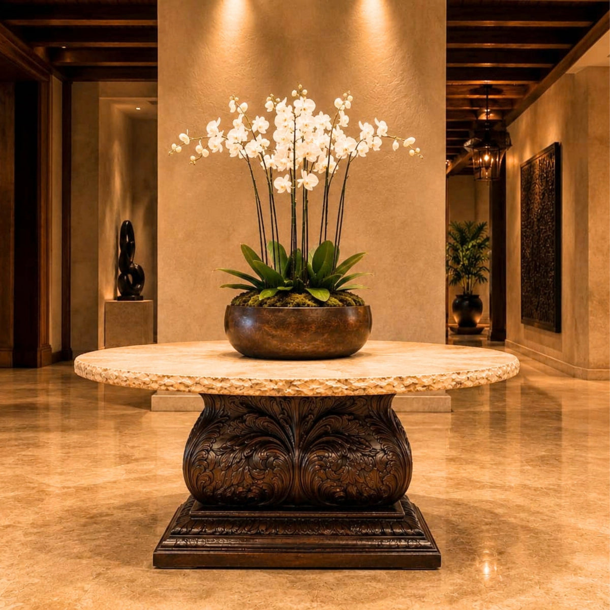 Round Chiseled Travertine Dining Table with Carved Wood Pedestal – 1208D