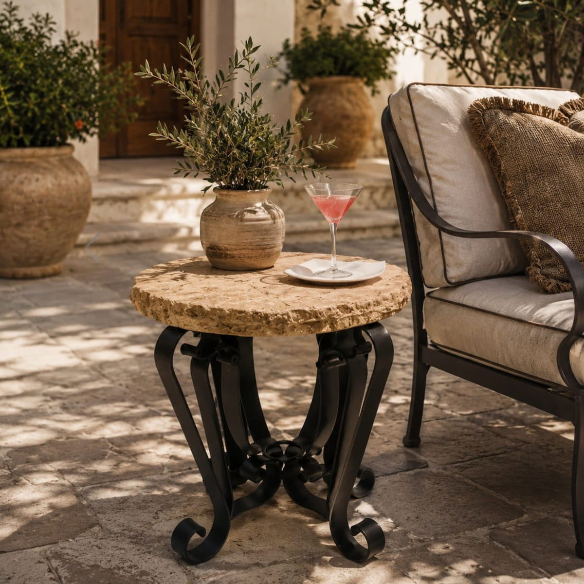 Round Chiseled Travertine Accent Table- 1229BB