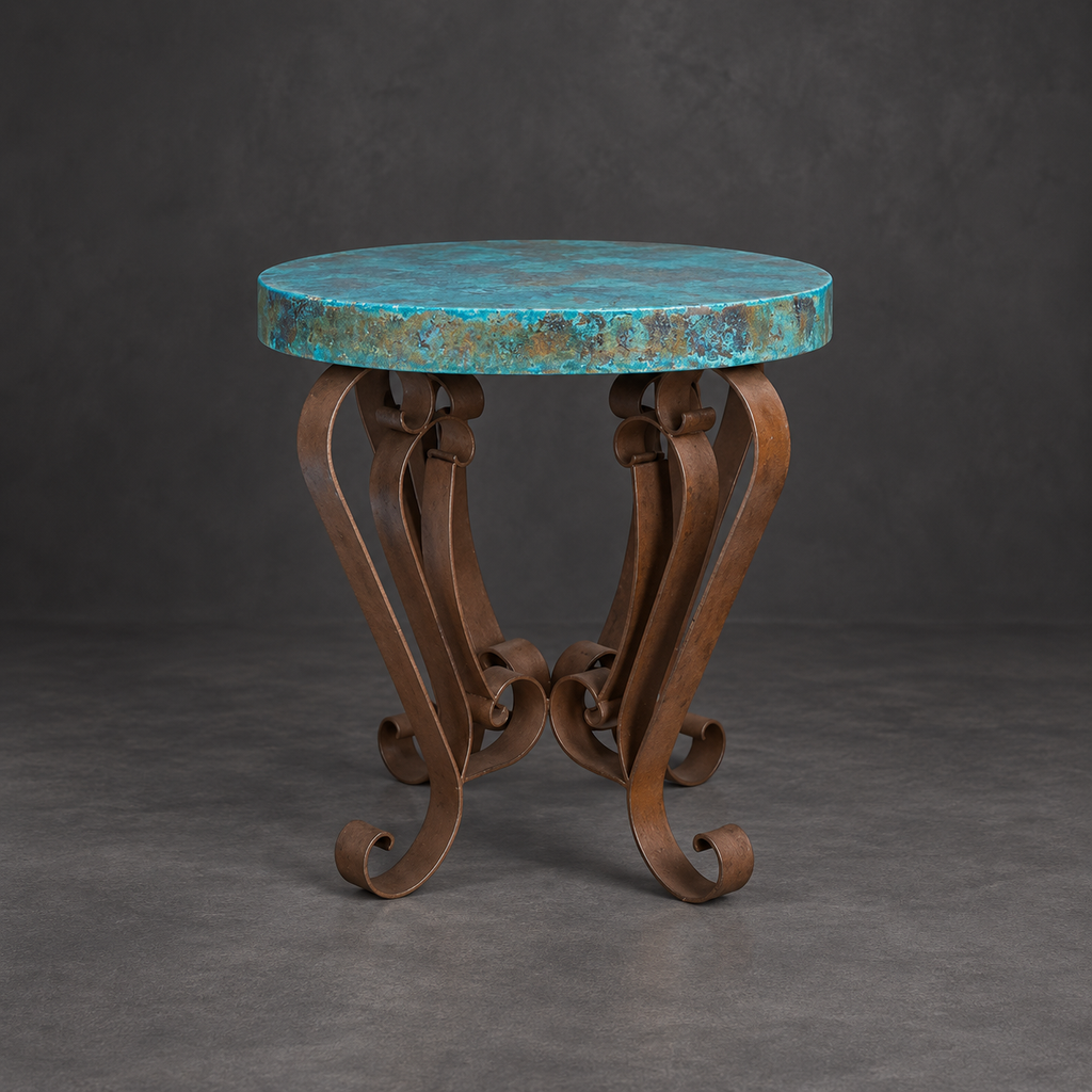 Round Turquoise Oxidized Copper Accent Table with Scroll Iron Base – 1229BB  Copy