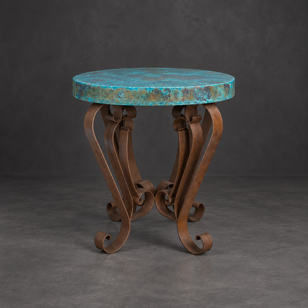 Round Turquoise Oxidized Copper Accent Table with Scroll Iron Base – 1229BB  Copy