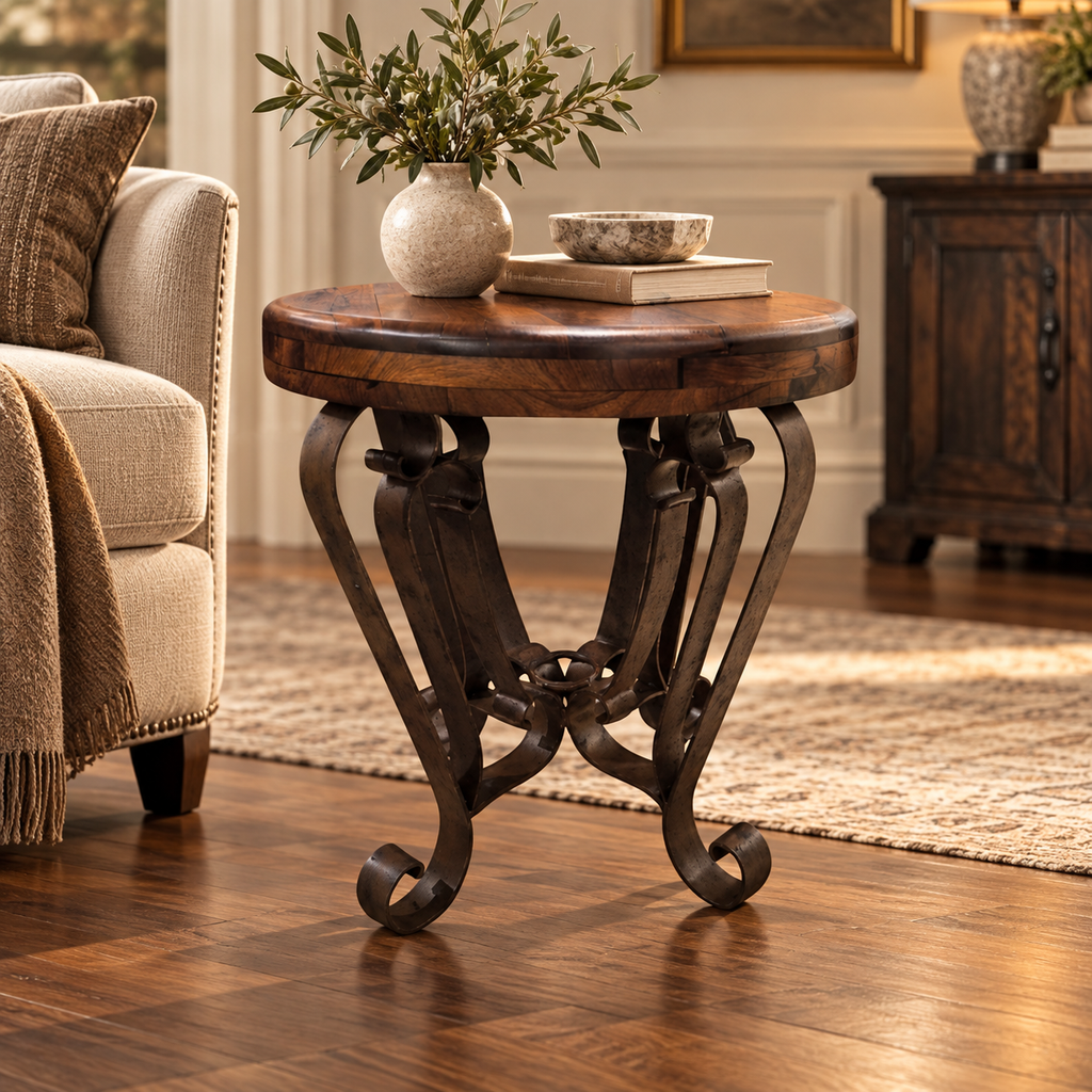 Round Wood Accent Table with Sculptural Iron Base – 1229BB
