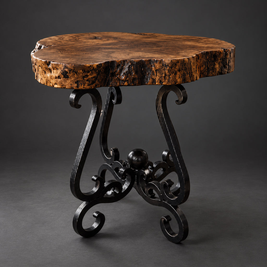 Round Mesquite Side Table with Hand-Forged Iron Base | 1240BB