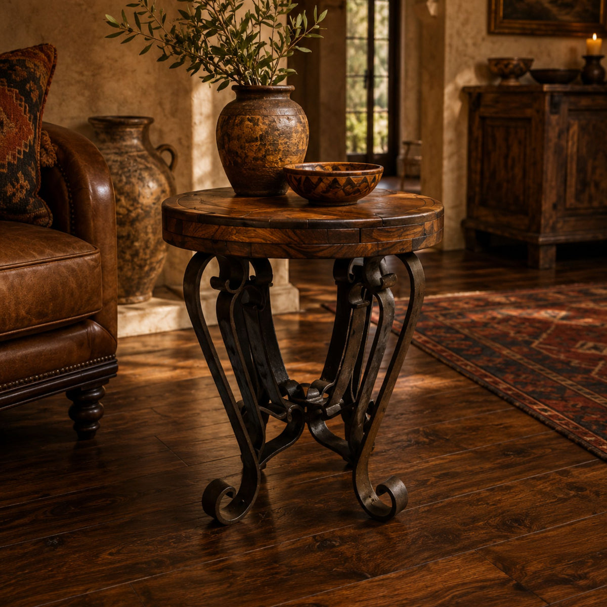 Round Wood Accent Table with Sculptural Iron Base – 1229BB