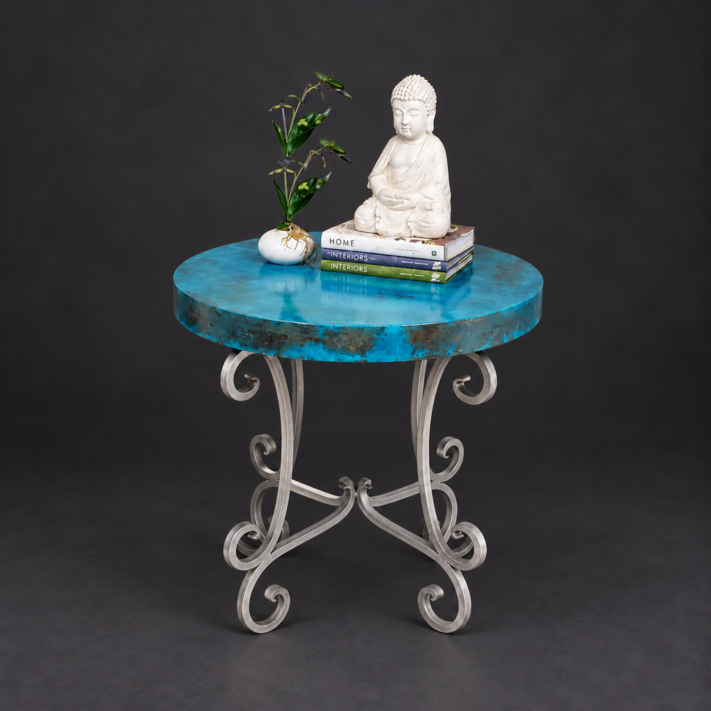 1215L round oxidized copper end table with blue patina and silver handcrafted iron base