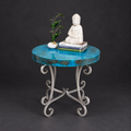 1215L round oxidized copper end table with blue patina and silver handcrafted iron base