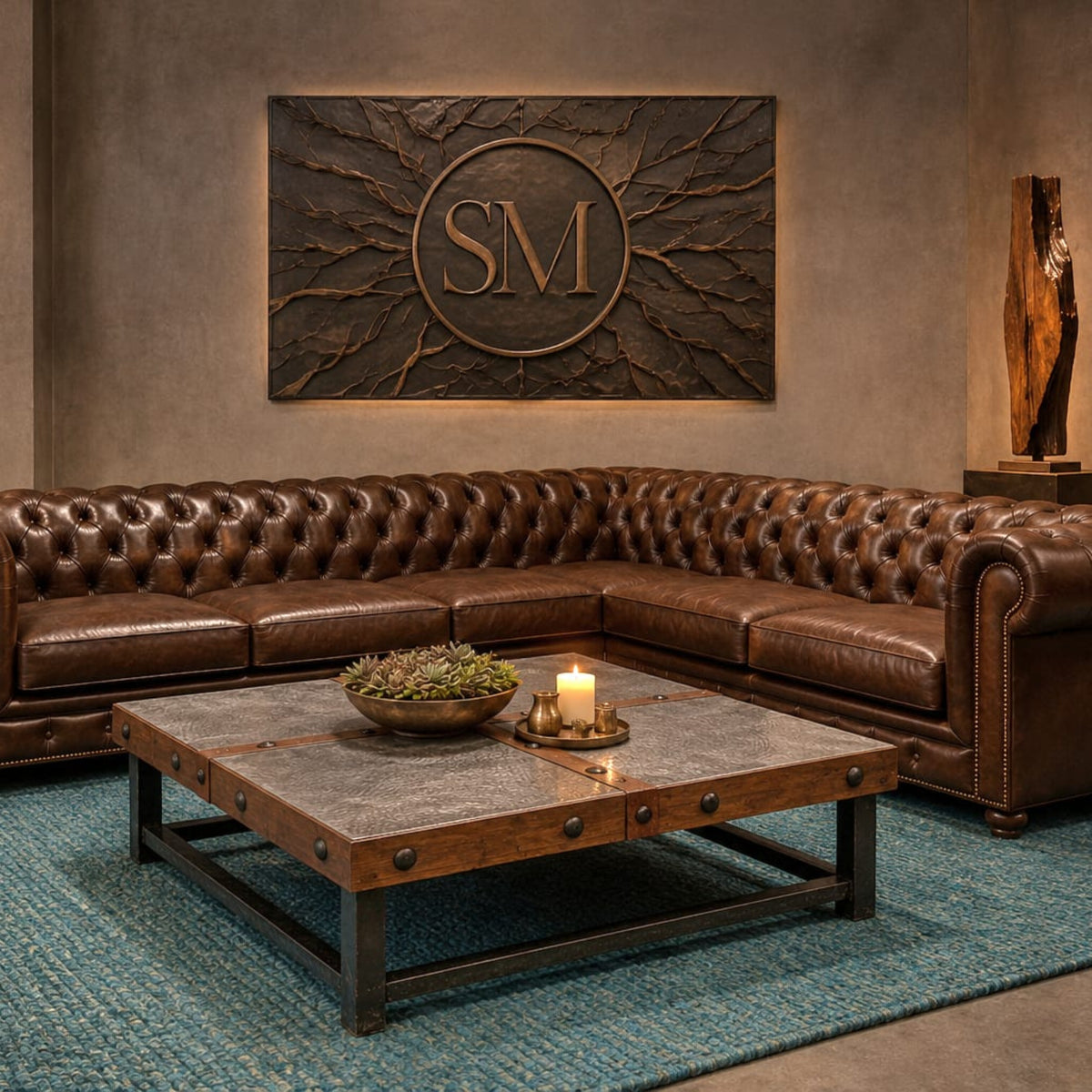 Square coffee table with decorative copper panels, mesquite wood frame, and iron base, Model 1270 A