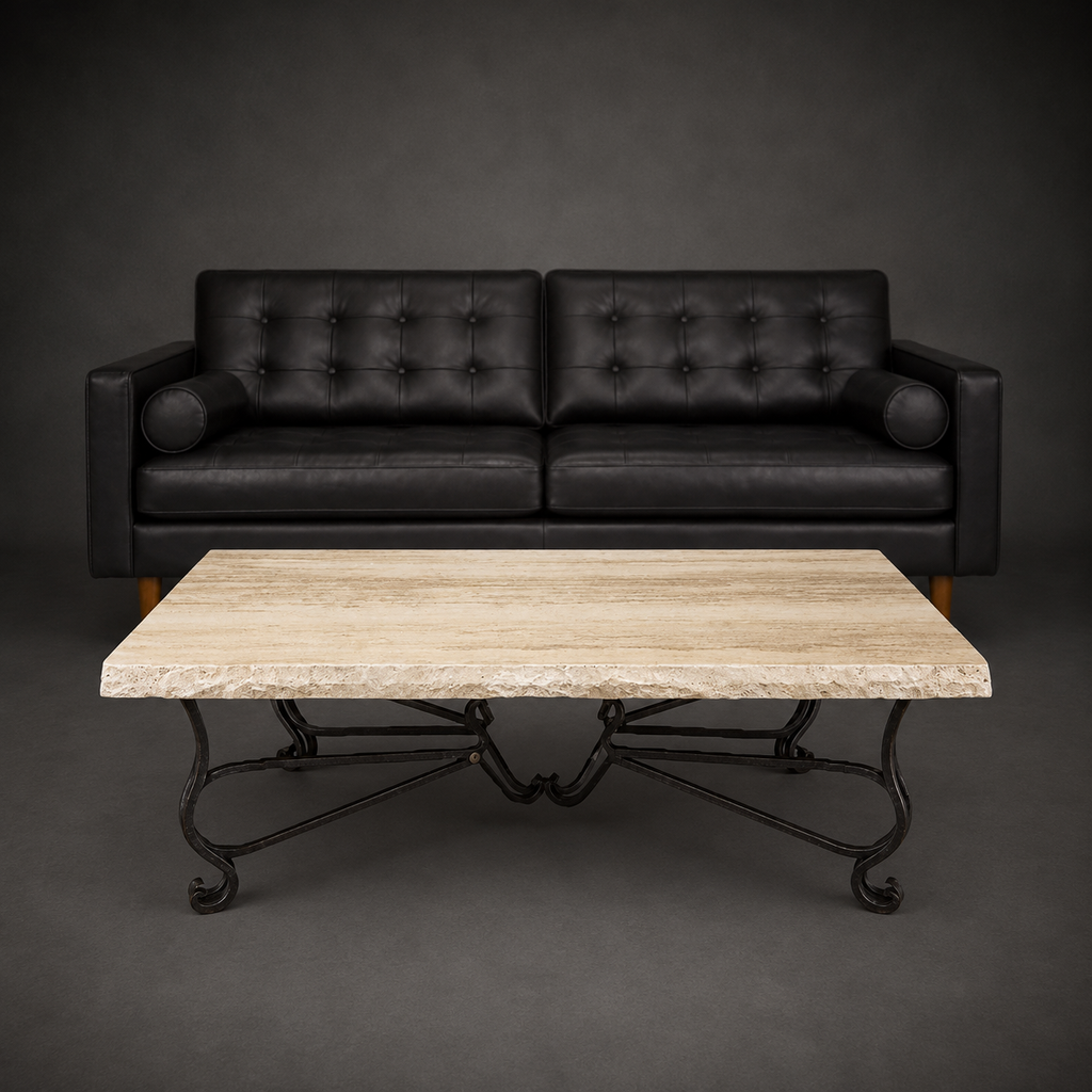 1242AA rectangular cream travertine coffee table with chiseled edge and handcrafted wrought iron base