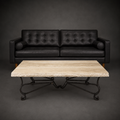 1242AA rectangular cream travertine coffee table with chiseled edge and handcrafted wrought iron base
