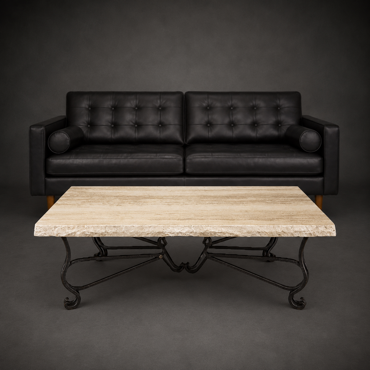 1242AA rectangular cream travertine coffee table with chiseled edge and handcrafted wrought iron base