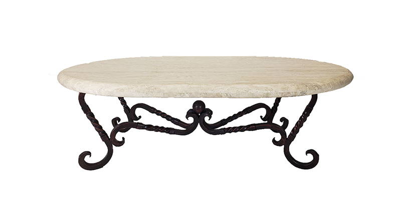 Oval cream travertine coffee table with wrought iron base model number 1211 AA