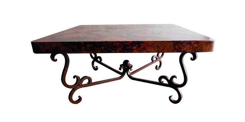 Natural hammered copper square coffee table with an iron base featuring a dark rust brown finish model number 1240 A