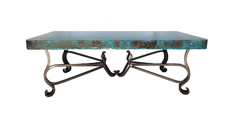 Oxidized hammered copper rectangular coffee table with iron base finish model number 1242 AA